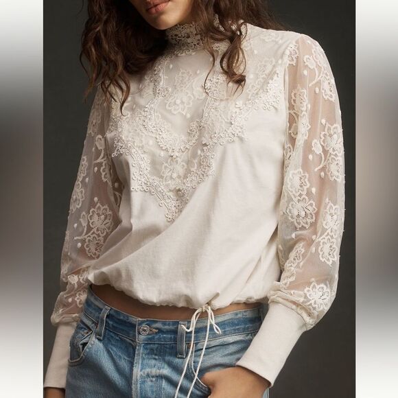 Anthropologie x Tiny Oriana Long Sleeve Lace Top in Ivory - Picture 3 of 8